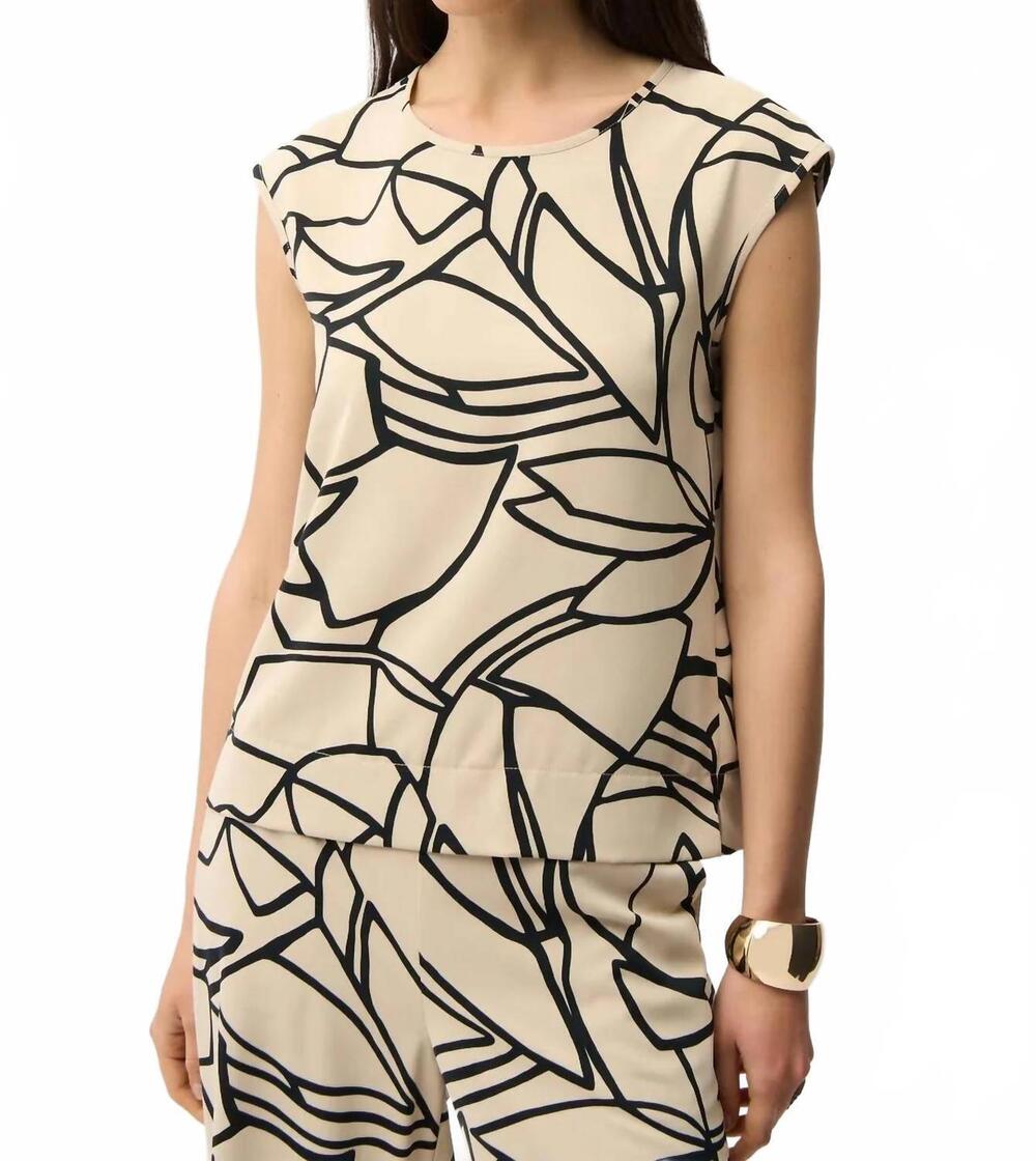 NEW JOSEPH RIBKOFF abstract print cap sleeves top in beige/black